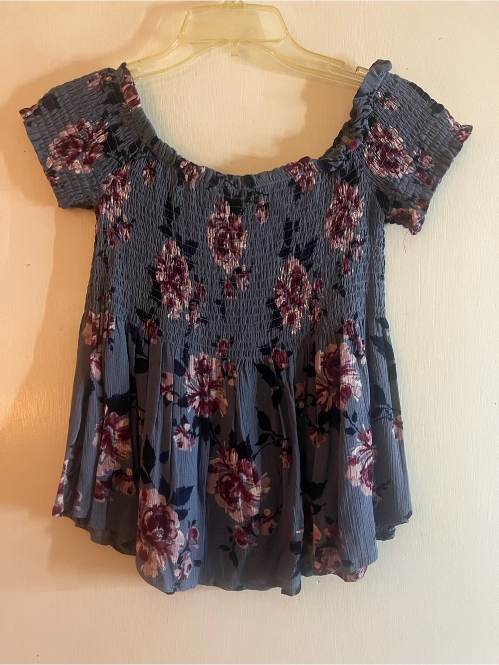 Kendall & Kylie Blue Floral Smocked Off-Shoulder Tunic